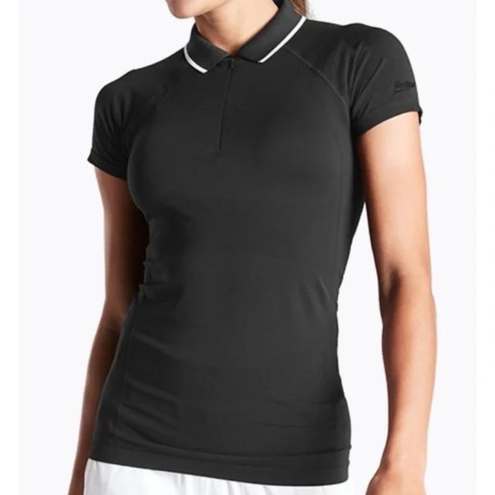 Athleta Momentum POLO Tee golf black white tipped collar size L